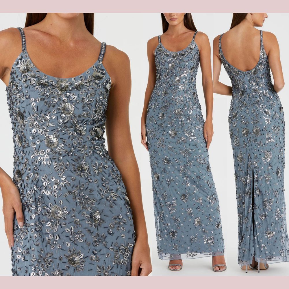 Nwt Mac Duggal [ 8 ] 5477 Floral Embellished Scoop Neck Gown Slate Grey